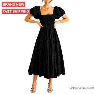 Women's Summer Midi Dress Puffy Sleeve Square Neck Smocked Tiered Ruffle